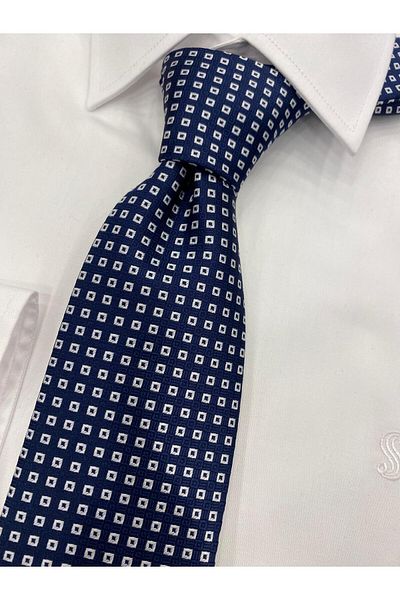Cacharel Woven Fabric Patterned Navy Blue White Tie