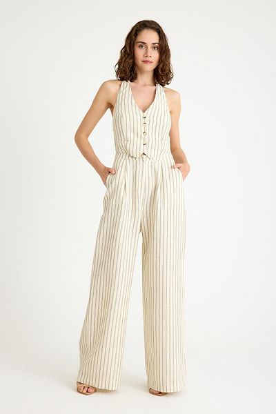 NİLİST Linen Lined Green Striped Cream Color Halter Jumpsuit