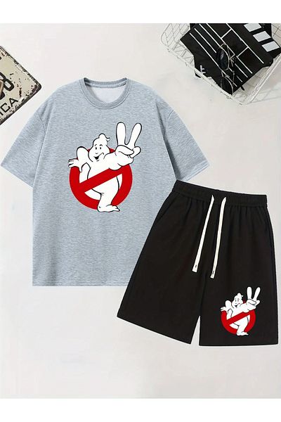 PENTHİLUS Round Neck T-Shirt and Shorts Set, Knitted Fabric, Cartoon Rabbit Graphics