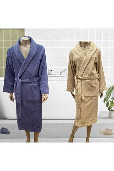 Canon Cannon Luxury Cotton Couples Bathrobe Set - 14 Pieces, Beige and Blue