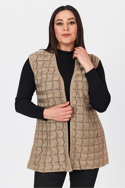 Uludağ Triko Women's Sand Openwork Mercerized Zigzag Patterned Thin Summer Knitted Vest