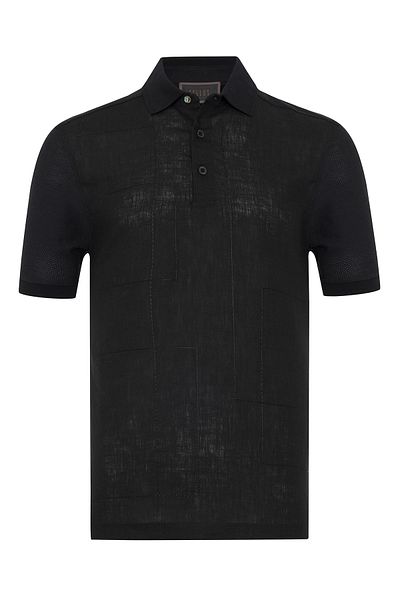 Gallus Black Polo Neck Patterned Regular Fit Cotton Linen T-Shirt