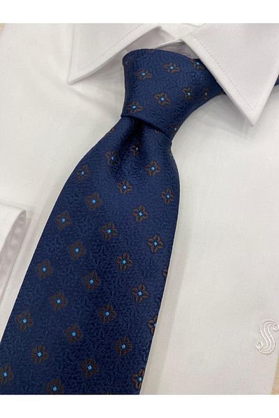 Cacharel Woven Fabric Patterned Brown Navy Blue Tie