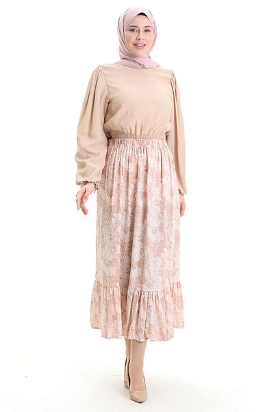 sefamerve Patterned Skirt with Elastic Waist 2058-03 Powder