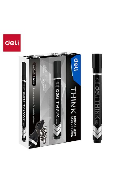 Deli Deli EU10120 Permanent Marker, Chisel 1.5–5mm, Black, 12PCS – For Office, School & Industry