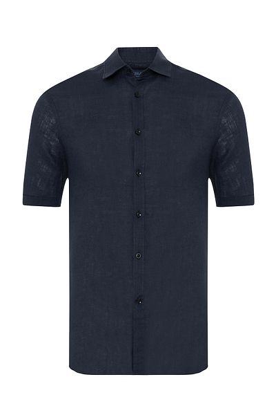 Germirli Navy Blue Soft Collar Tailor Fit Short Sleeve Linen Shirt