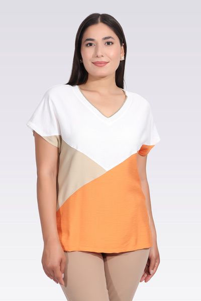 TOLGA SARAÇOĞLU 11040 Orange Color Blocked V-Neck Low Sleeve Bluz