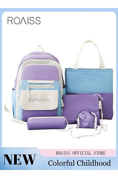 ROAISS 5 Pcs Letter Graphic Colorblock Backpack Set Cute Sweet Large Capacity School Bag Shoulder Totes Pen