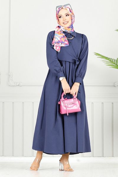 ModaMerve Σετ Hijab με πλαϊνά κορδόνια 3348CR1137-M Navy