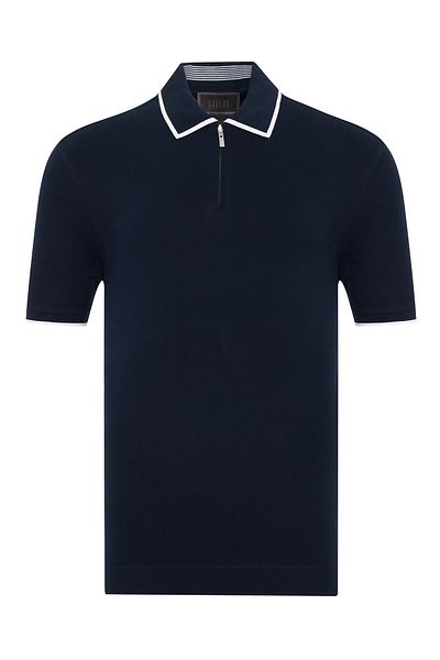 Gallus Navy Blue Zippered Polo Neck Pique Mercerized Regular Fit T-Shirt