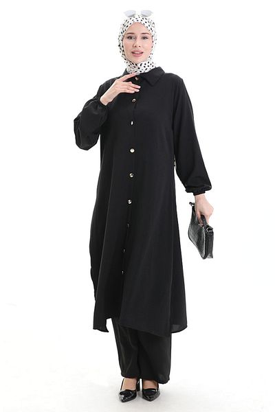 sefamerve Buttoned Long Tunic Trousers Double Suit 0089-02 Black