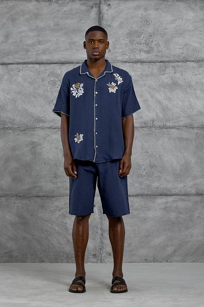 NOMARC Navy Blue Oversize Leaf Embroidered Short Sleeve Shirt