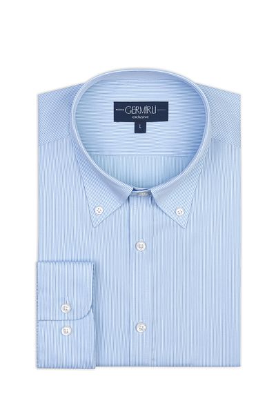 Germirli Blue Striped Exclusive Button Collar Tailor Fit Cotton Shirt