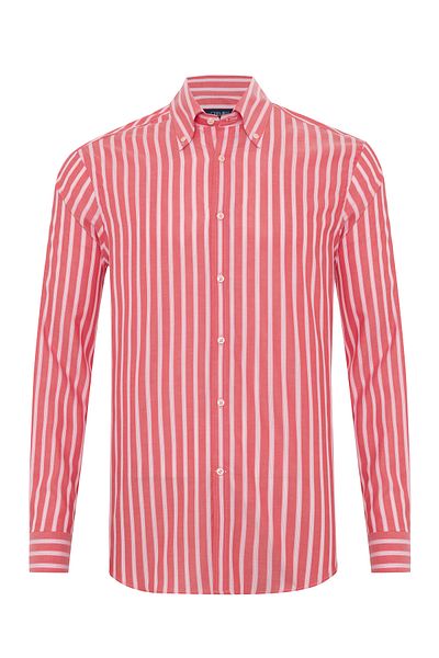 Germirli Albini Red Pink Striped Button Collar Cotton Exclusive Shirt