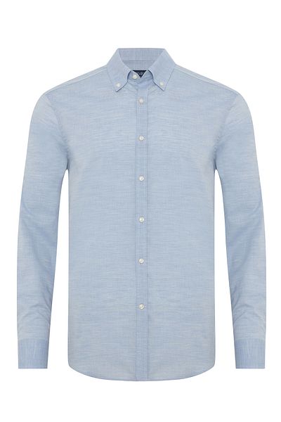 Germirli Albini Light Blue Melange Button Collar Tailor Fit Cotton Voile Shirt