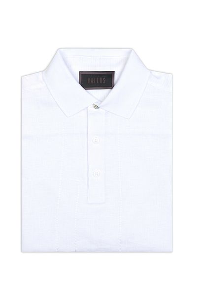 Gallus White Polo Neck Patterned Regular Fit Cotton Linen T-Shirt