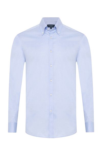 Germirli Blue Exclusive Panama Texture Button Collar Tailor Fit Cotton Shirt