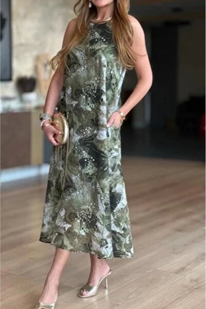 Selence Summer Lining Flower Print Dress Khaki