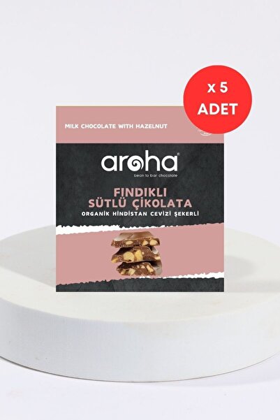 AROHA Fındıklı Sütlü Çikolata Organik Hindistan Cevizi Şekerli Çikolata 40 Gr. X 5 Adet