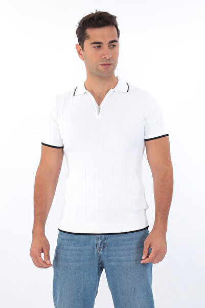 monox Men's Polo Neck Zippered Striped Sports Summer Knitwear T-Shirt