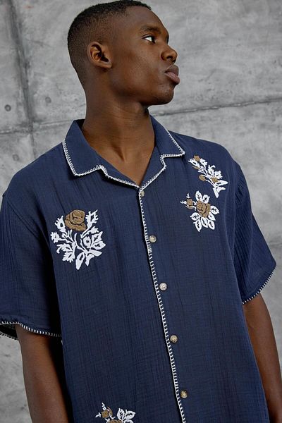 NOMARC Navy Blue Oversize Leaf Embroidered Short Sleeve Shirt