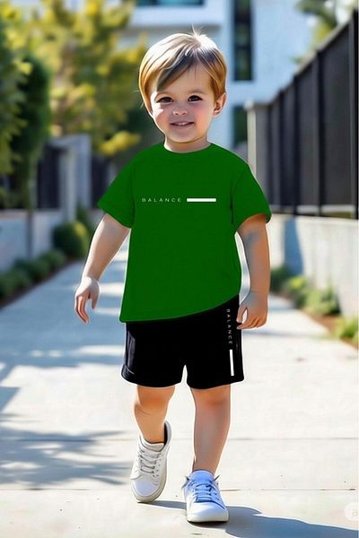 NO 601 Boy's Green Balance Printed Tshirt Shorts Bottom-Top Set 5-6 / 11-12 Years Old