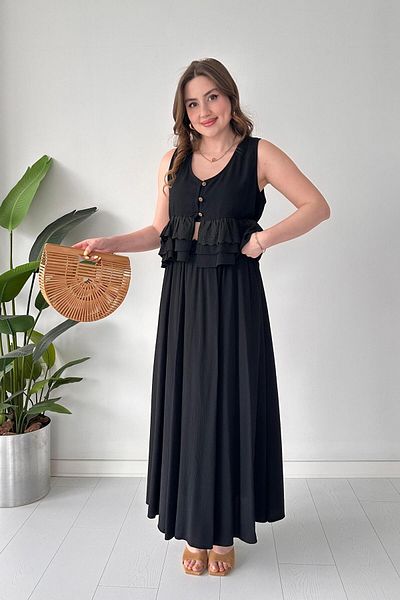 MaziButik Guipure Detail Skirt Suit Black