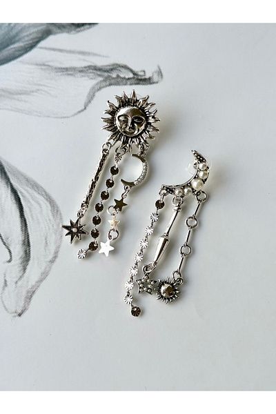 EnModa Brand Model Antique Silver Moon Sun Dangle Earrings