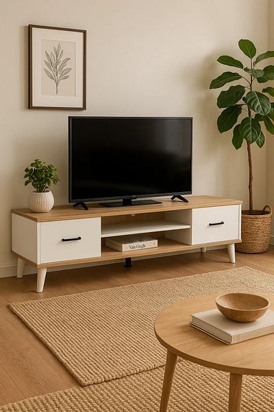MARIA HOMES Modern Wood White Tv Stand – Minimalist Media Console (160X40X45 CM)