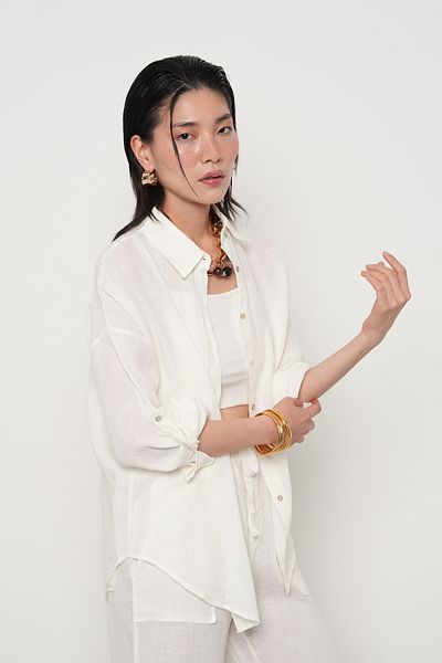 Orfeo Negro Women's 100% Linen Sleeve Button Detail Shirt