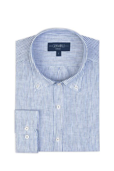 Germirli Albini Navy Blue White Striped Button Collar Pure Linen Shirt