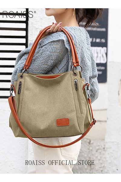 ROAISS Large Capacity Shoulder Tote Bag Casual Canvas Handbag Crossbody with Long Strap Multi Pocket for Yo