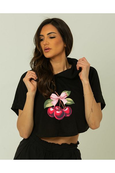 SUNFREE Popular Trend Ribbon Cherry Print Hooded Short Sleeve Black Crop