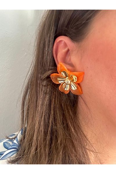 ALS Tasarım Dünyası Women's Orange Color Middle Gold Color Flower Earrings