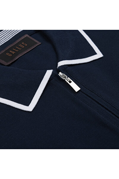 Gallus Navy Blue Zippered Polo Neck Pique Mercerized Regular Fit T-Shirt