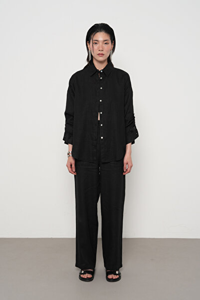 Orfeo Negro Women's 100% Linen Sleeve Button Detail Shirt