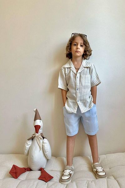 Minigimin Cicileri بدلة للأولاد من Miniğimin Cicileri قميص قصير مخطط من القطن الموسلين - أزرق