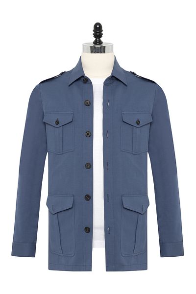 Germirli Albini Aviator Blue Utility Cap Pocket Cotton Linen Safari Jacket Shirt