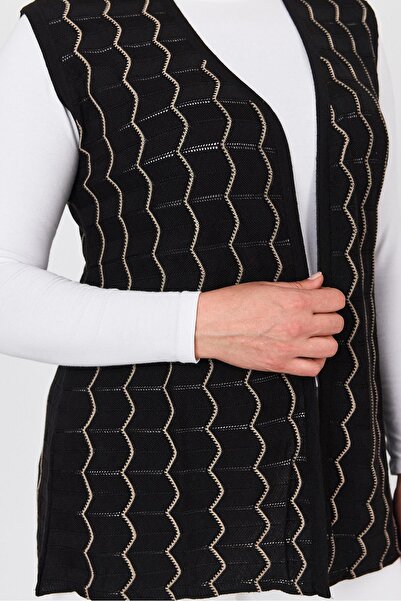 Uludağ Triko Women's Black Openwork Mercerized Zigzag Patterned Thin Summer Knitted Vest