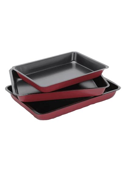 OEM Set of 3 rectangular baking trays, non-stick, black/red
