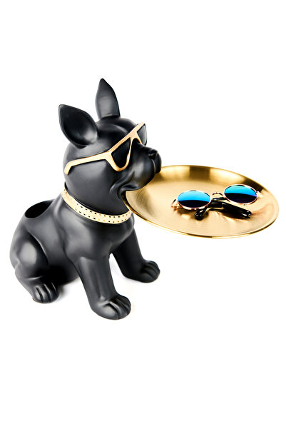 Famous Frenchie Decoratiune bulldog francez, tavita detasabila, 27 x 14 x 20 cm, negru/auriu