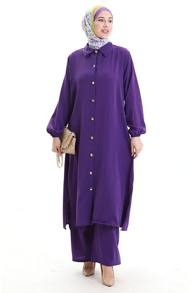 sefamerve Buttoned Long Tunic Trousers Double Set 0089-04 Purple