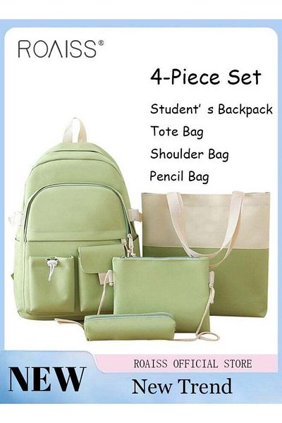ROAISS 4 Pcs Letter Graphic Colorblock Backpack Set