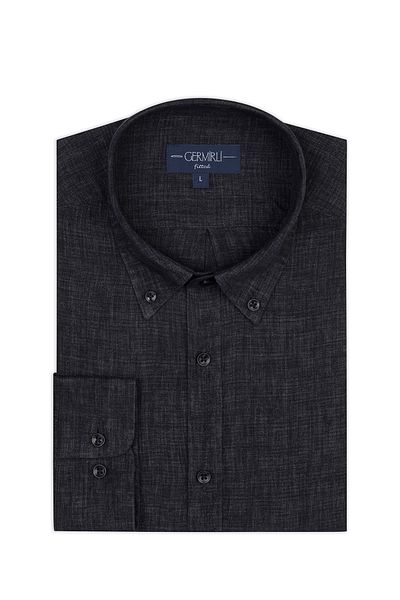 Germirli Albini Anthracite Button Collar Tailor Fit Delave Linen Shirt