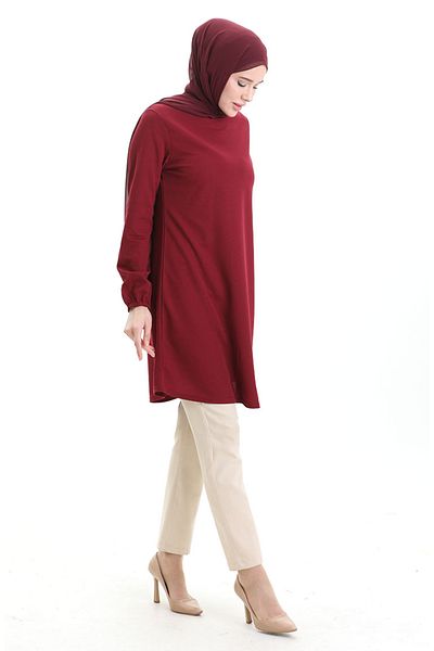 sefamerve Seasonal Flowy Plain Tunic with Elasticated Sleeves 8751-02 Claret Red