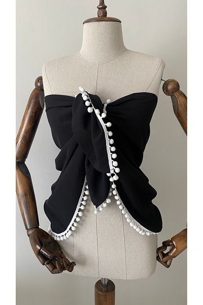Glowear Atelier Black Pareo with White Pompom Piping Detail