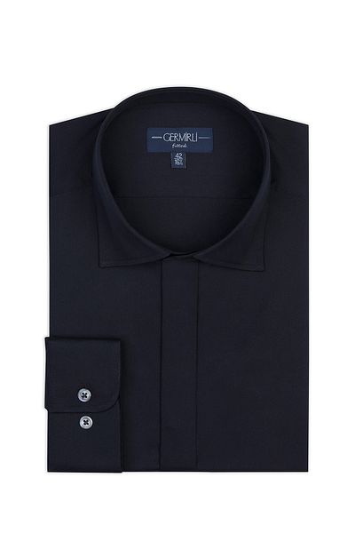 Germirli Navy Blue Hidden Placket Classic Collar Tailor Fit Cotton Elastane Shirt