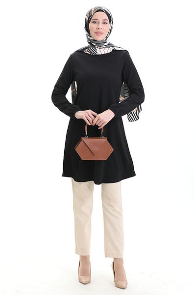sefamerve Seasonal Flowy Plain Tunic with Elasticated Sleeves 8751-01 Black