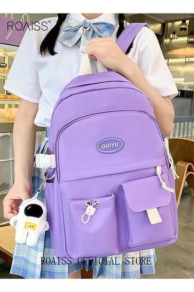 ROAISS 4 Pcs Letter Graphic Colorblock Backpack Set Sweet Large Capacity School Bag Bookbag Shoulder Totes