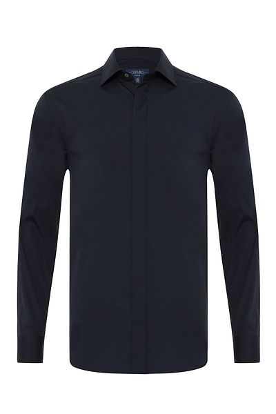 Germirli Navy Blue Hidden Placket Classic Collar Tailor Fit Cotton Elastane Shirt